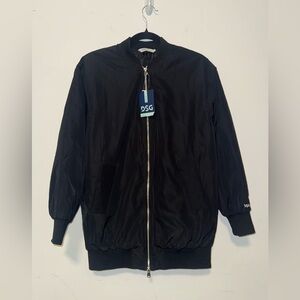 NWT Women’s XS Classic Black Long Bomber Jacket silver full zip insulated DSG